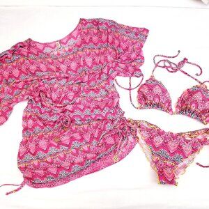 Luli Fama Hot Pink & Turquoise Summer Fling Bikini Set with Cover Up Mini Dress